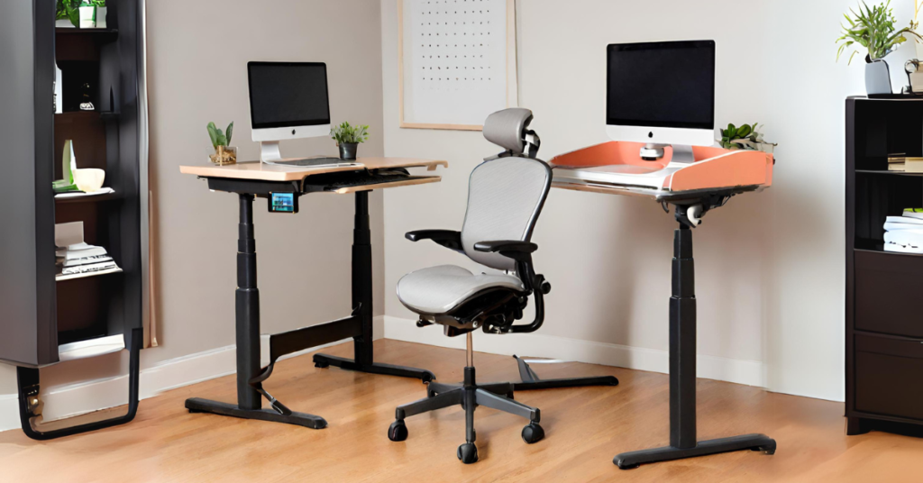 An ergonomic chair positioned next to a standing desk
