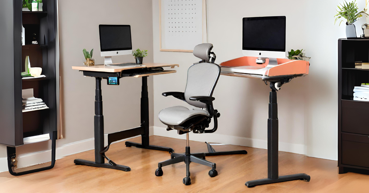 an ergonomic chair positioned next to a standing desk