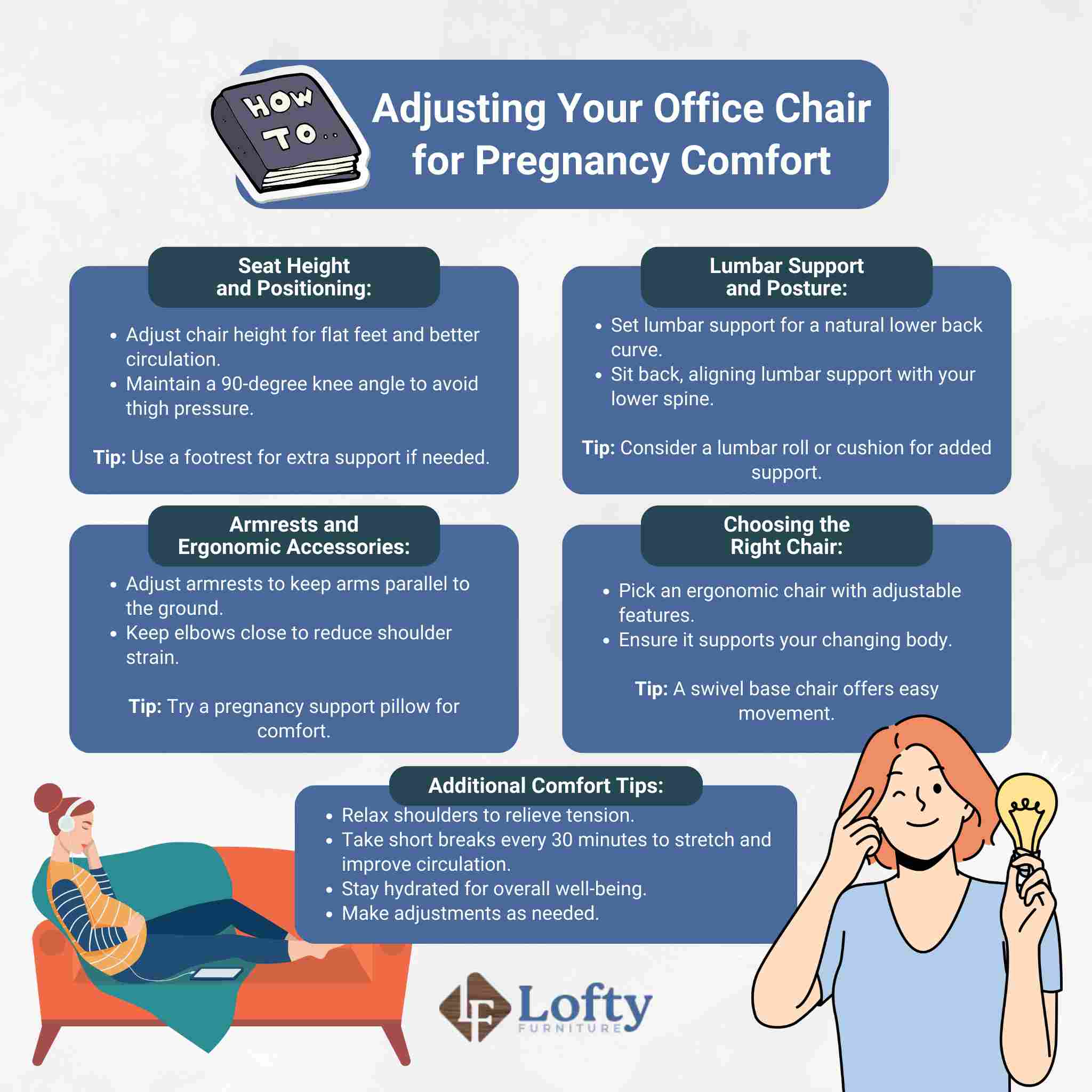 A graphic on adjusting your office chair for pregnancy comfort.