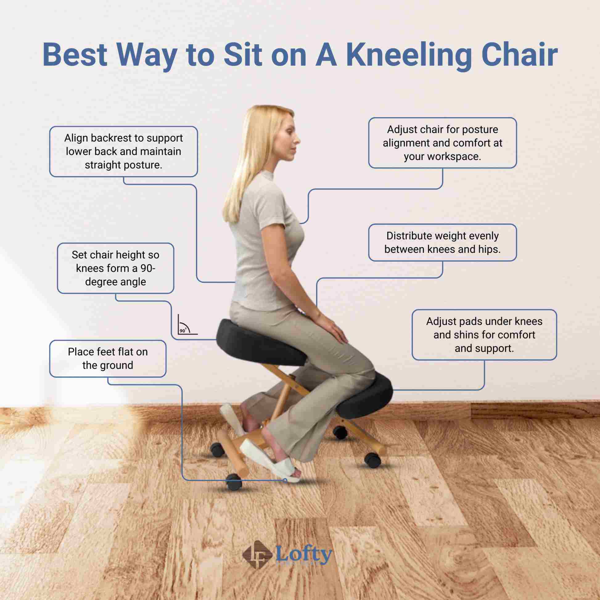 A woman illustrating the best way to sit on a kneeling chair.