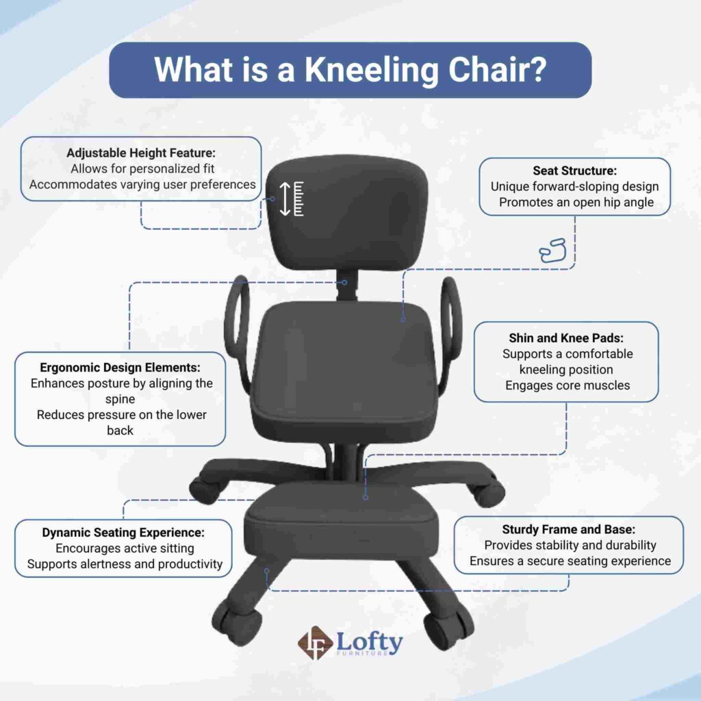 An illustration of the anatomy of a kneeling chair.