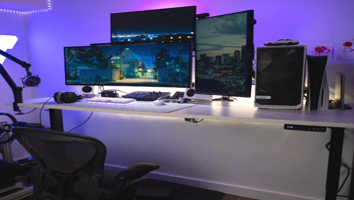 A gaming setup using a standing desk.