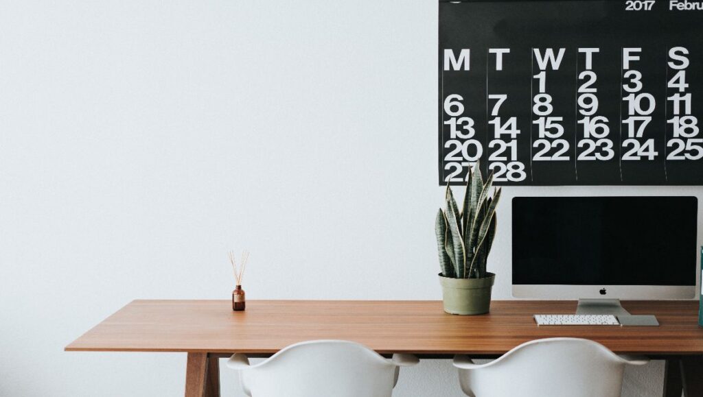 A minimalist office desk with a plant and a computer on top.