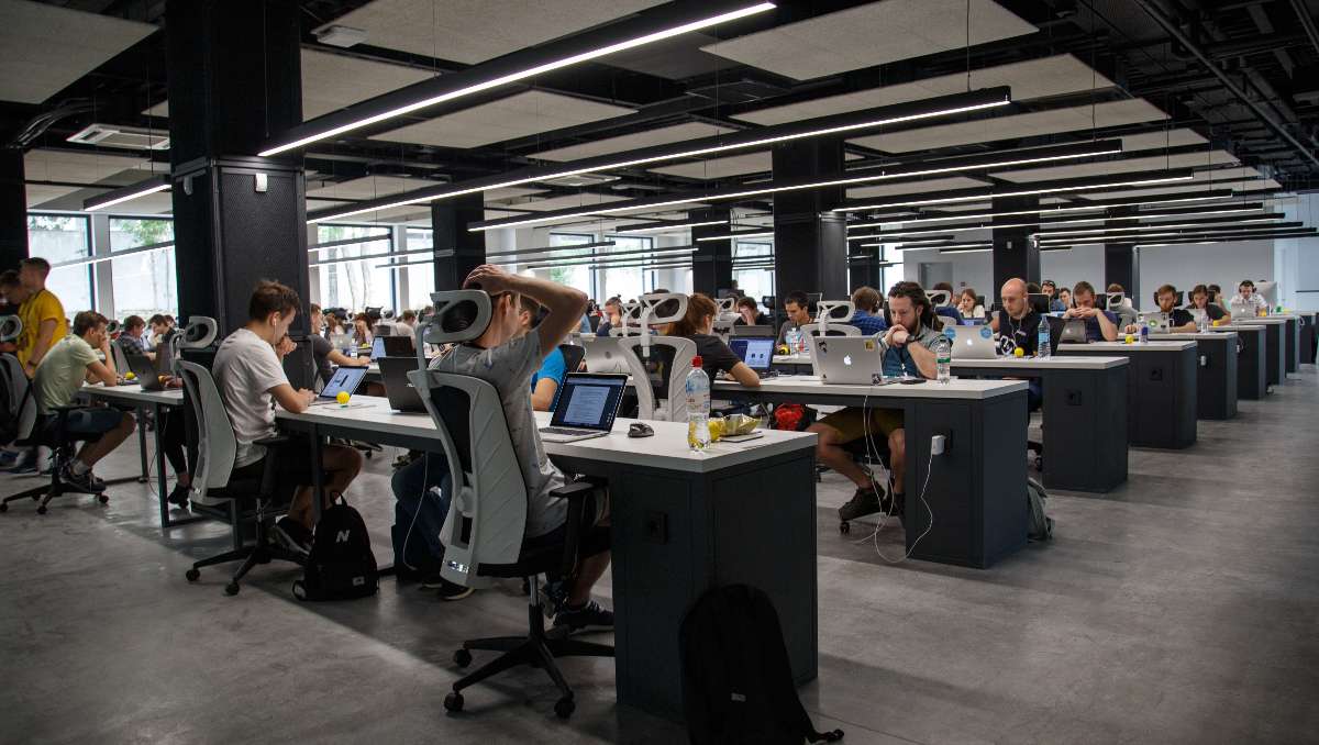 A whole office of workers doing office work.