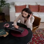Girl working on office chair on carpet