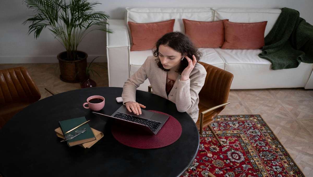 Girl working on office chair on carpet
