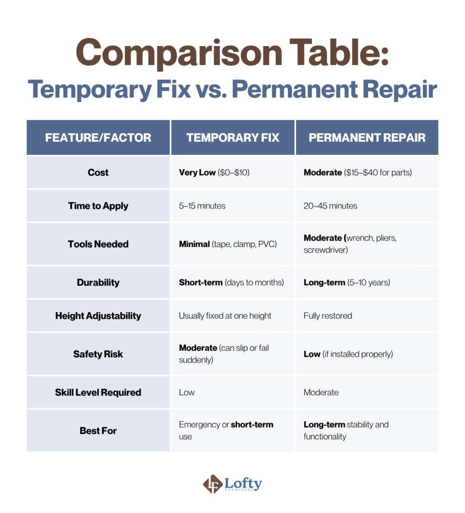 my office chair keeps sinking Comparison Table_ Temporary Fix vs. Permanent Repair