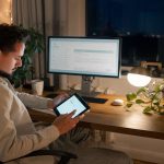 Remote worker working a wooden desk