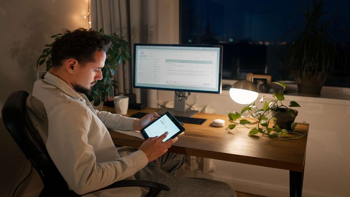 Remote worker working a wooden desk