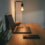 Dark wood desk with laptop on top