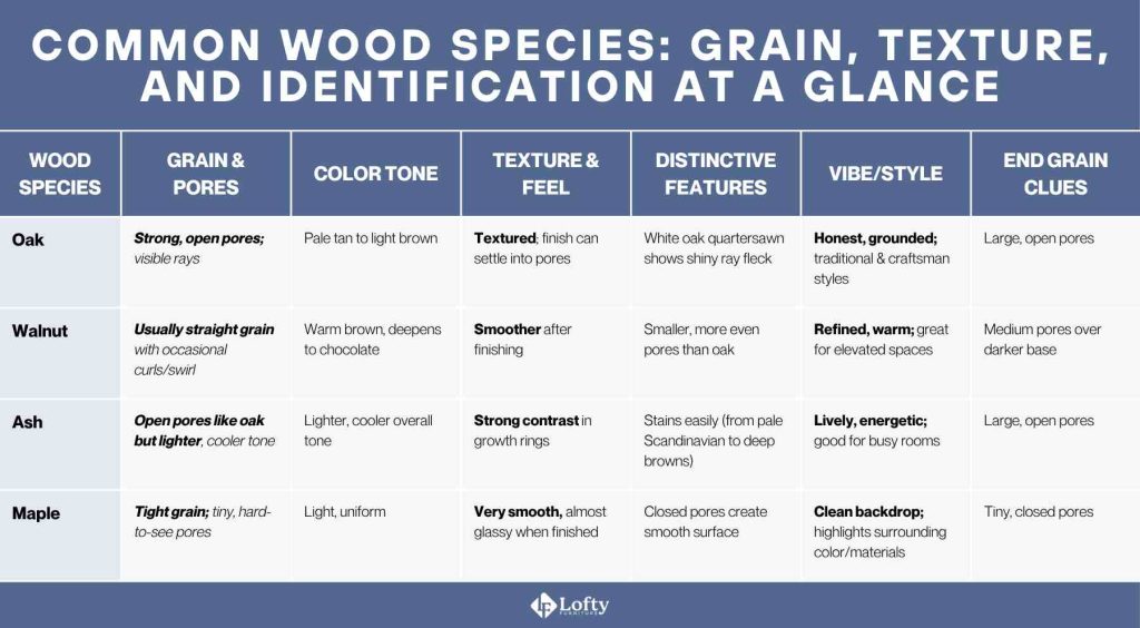 wood grain patterns Common Wood Species_ Grain, Texture, and Identification at a Glance