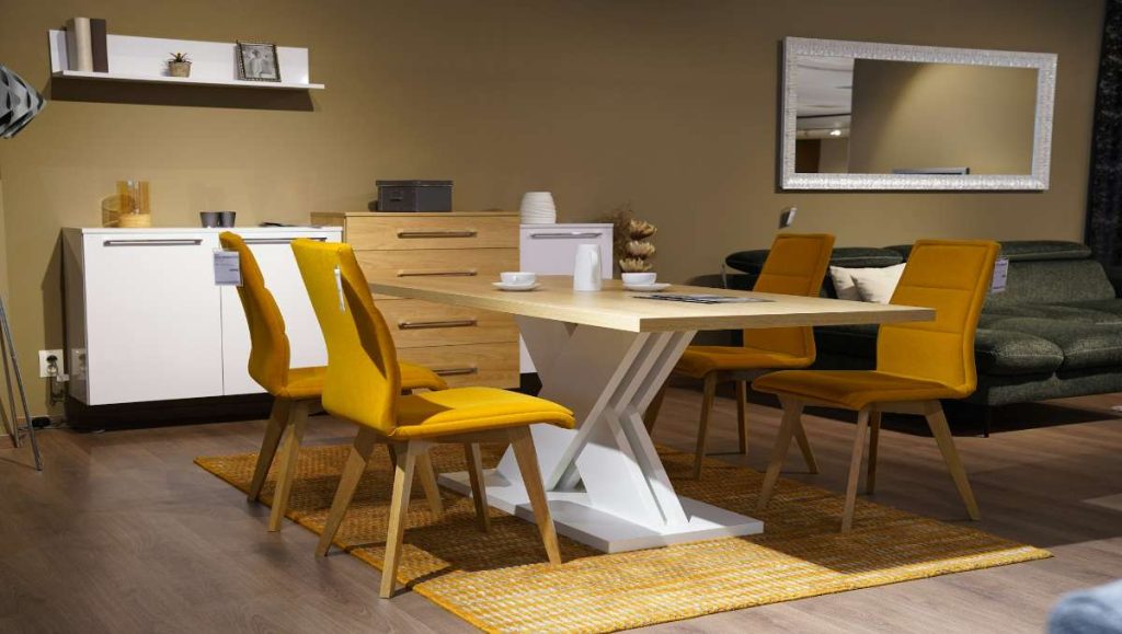 Furniture store with modern dining table and chairs