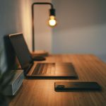 Home office desk with dark wood finish