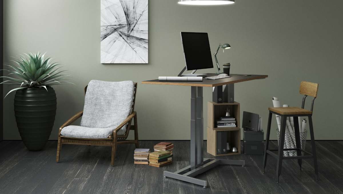 Oak standing desk in industrial office