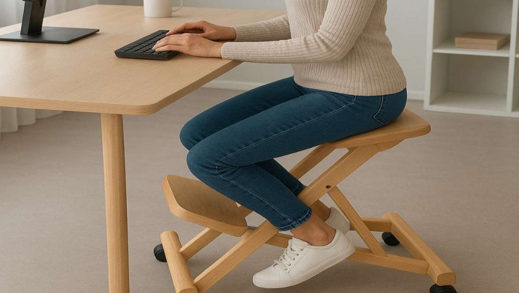 Woman using ergonomic wooden kneeling chair while working