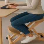 Woman using ergonomic wooden kneeling chair while working