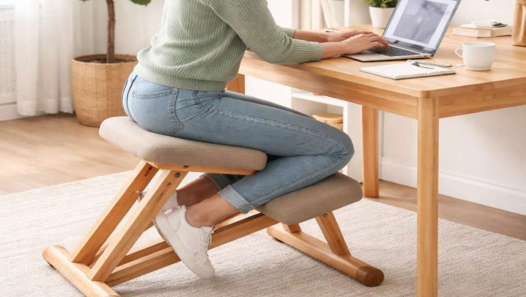 Woman in jeans sitting on ergonomic wooden kneeling chair while working