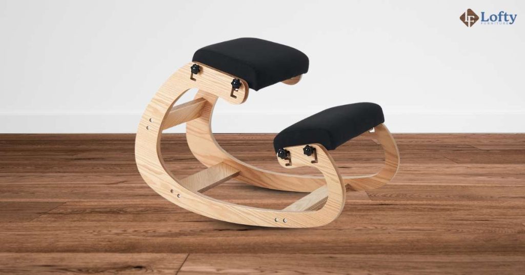 A wooden ergonomic kneeling chair with black seat