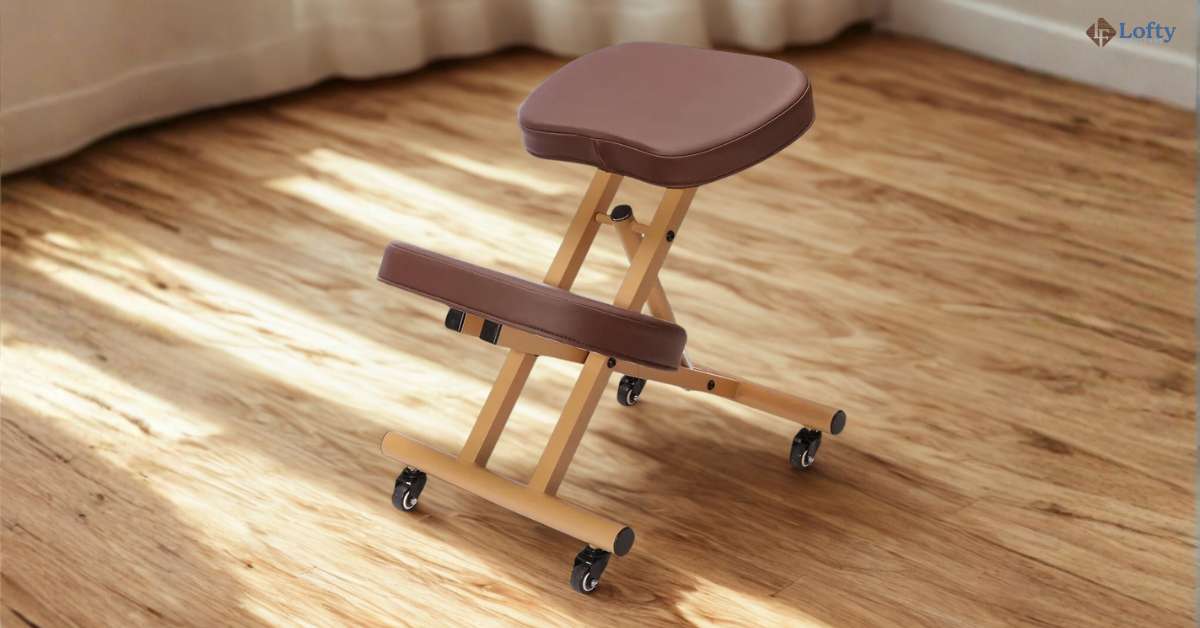 A pink ergonomic wooden kneeling chair