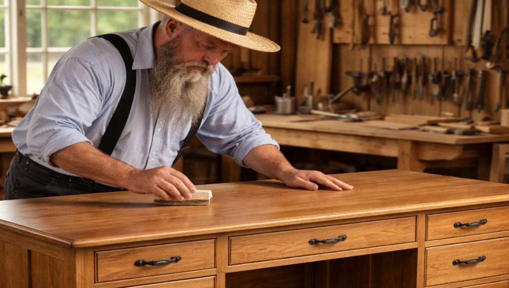 walnut vs mahogany Amish man working on Amish desk