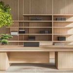 Sustainable office including wooden table and shelves
