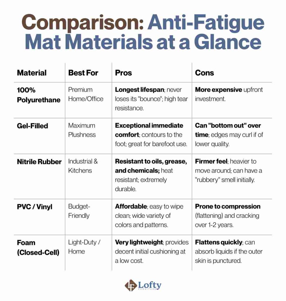 Comparison Anti-Fatigue Mat Materials at a Glance