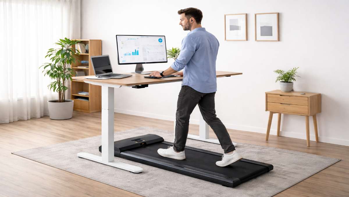 Man working on standing desk while doing exercise with under desk walking pad equipment