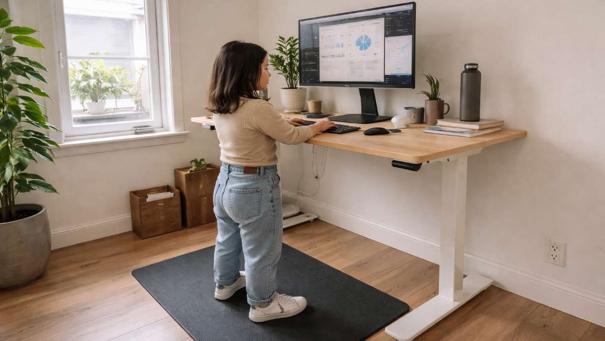 A short girl working on a standing desk