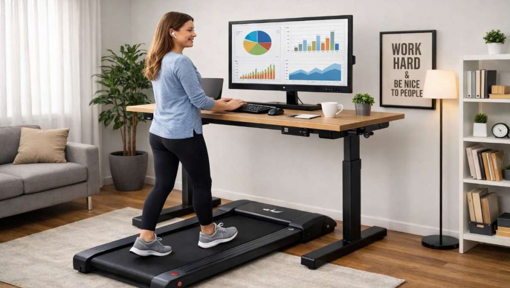 best direction for work desk at home A girl working on her standing desk while using a treadmill