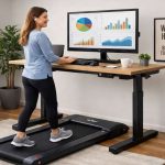 A girl working on her standing desk while using a treadmill