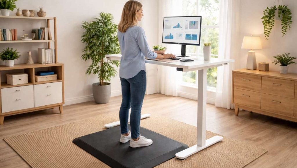 best direction for work desk at home Woman working on a standing desk while using an anti-fatigue mat