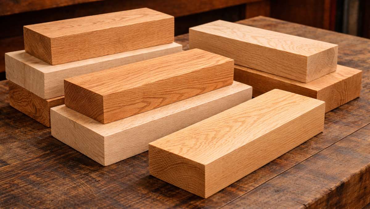Blocks of red oak and white oak in the workbench