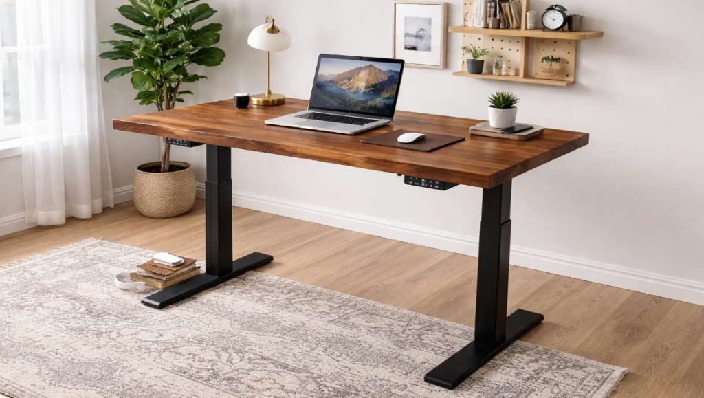 A standing desk with conversion kit in custom wood top setup