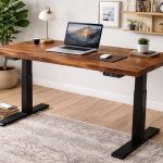 A standing desk with conversion kit in custom wood top setup