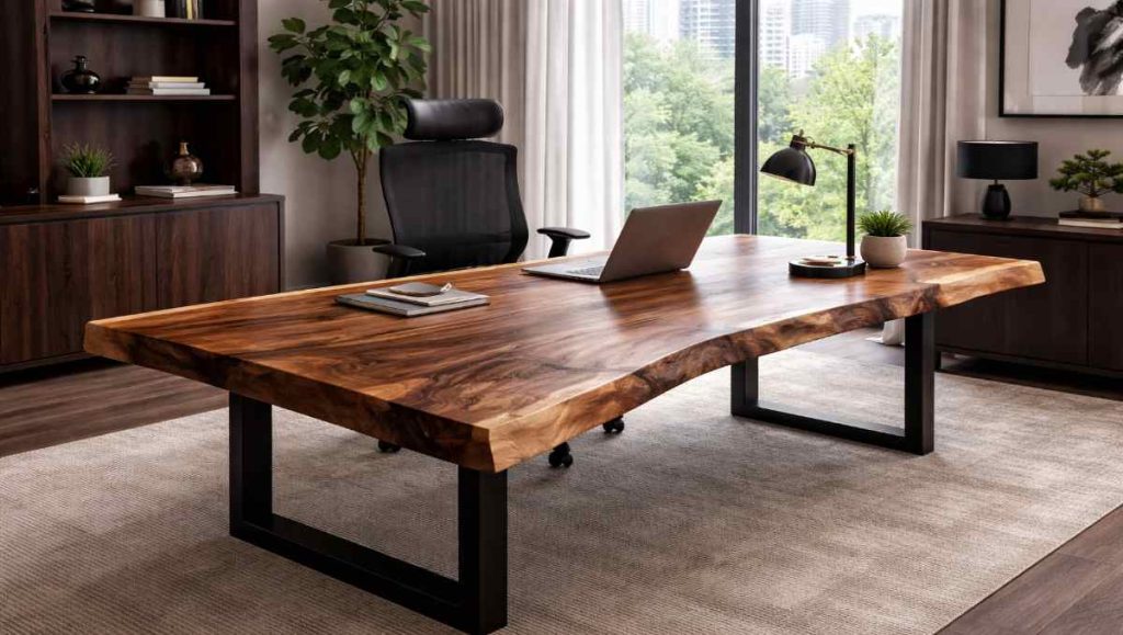 what are desks made of A walnut live edge desk in the office