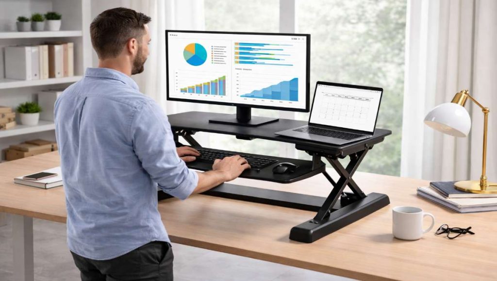 Man working efficiently at a standing desk