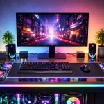 A computer case desk setup with lights