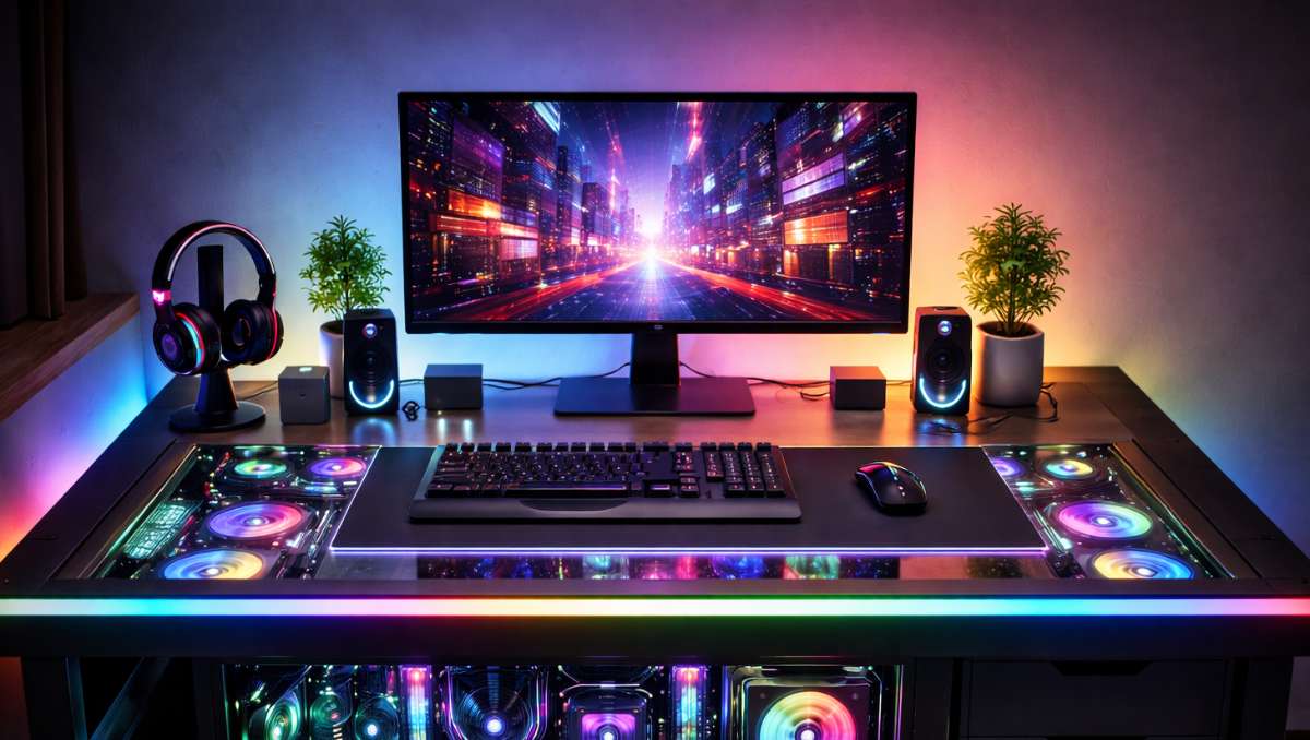 A computer case desk setup with lights