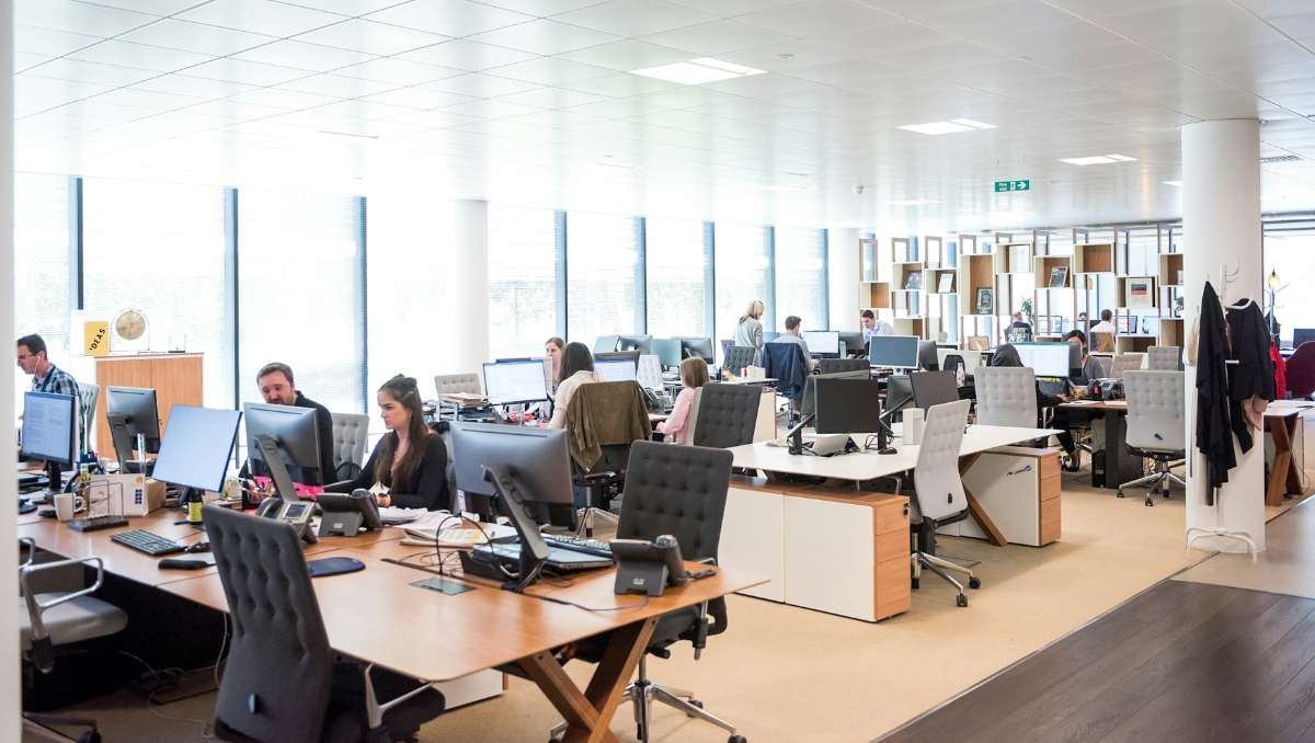 Full office with workers and wooden desk