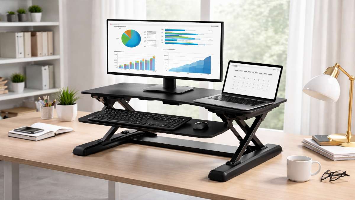 A workstation setup using a riser desk