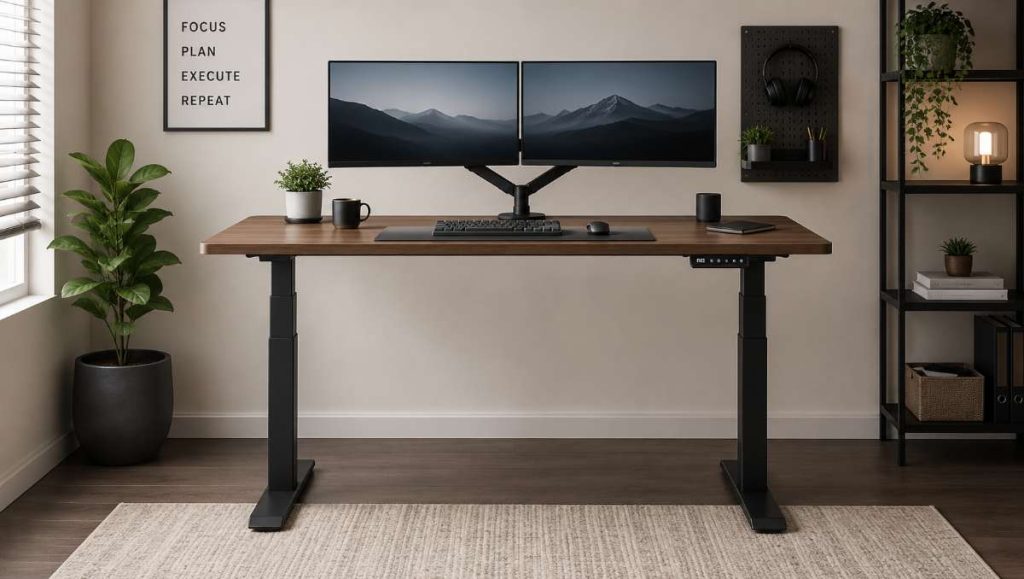 A dual motor standing adjustable desk setup