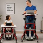 Disabled man and child standing on a standing table