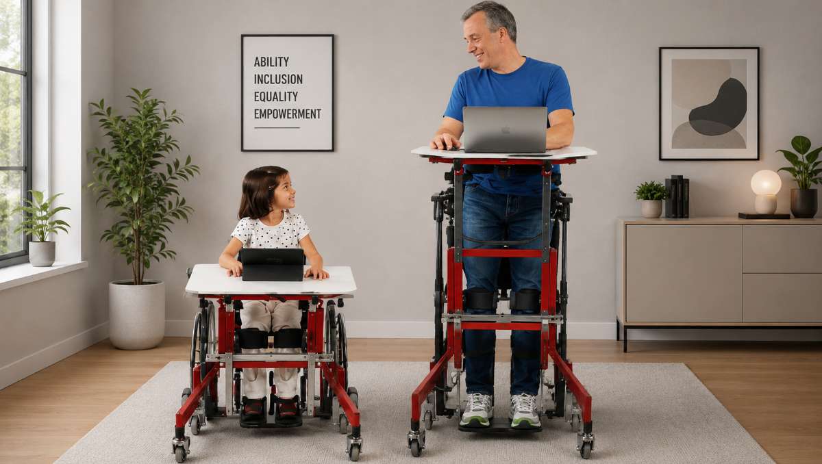 Disabled man and child standing on a standing table