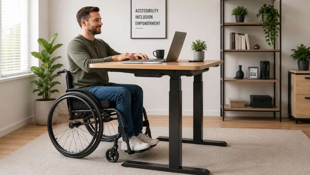 standing table for disabled A disabled man on a wheelchair working on a standing table