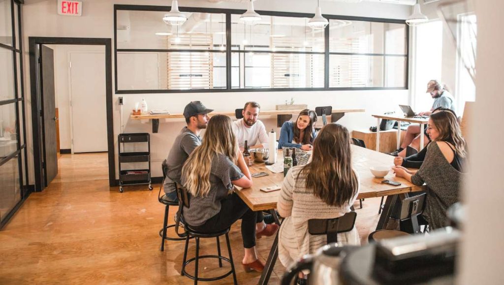 office space planning Group of workers doing meeting in office space