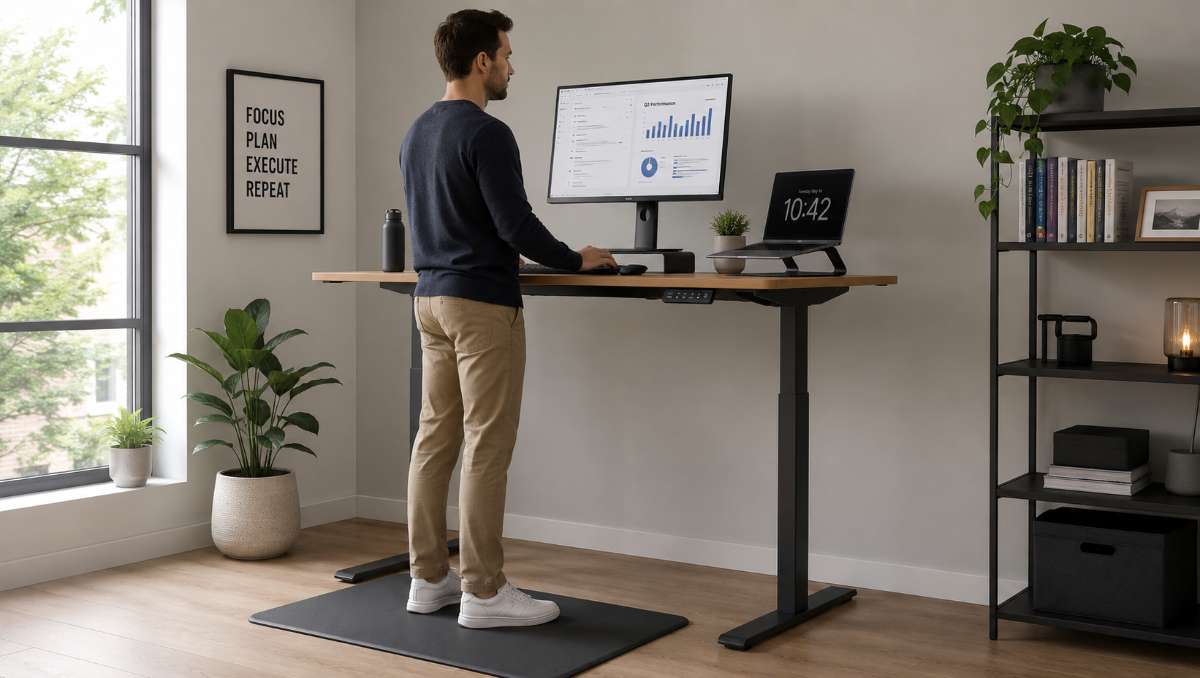 Man working on a standing desk