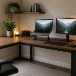 A laptop monitor setup in an L-shaped desk