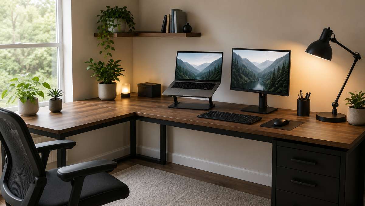 A laptop monitor setup in an L-shaped desk