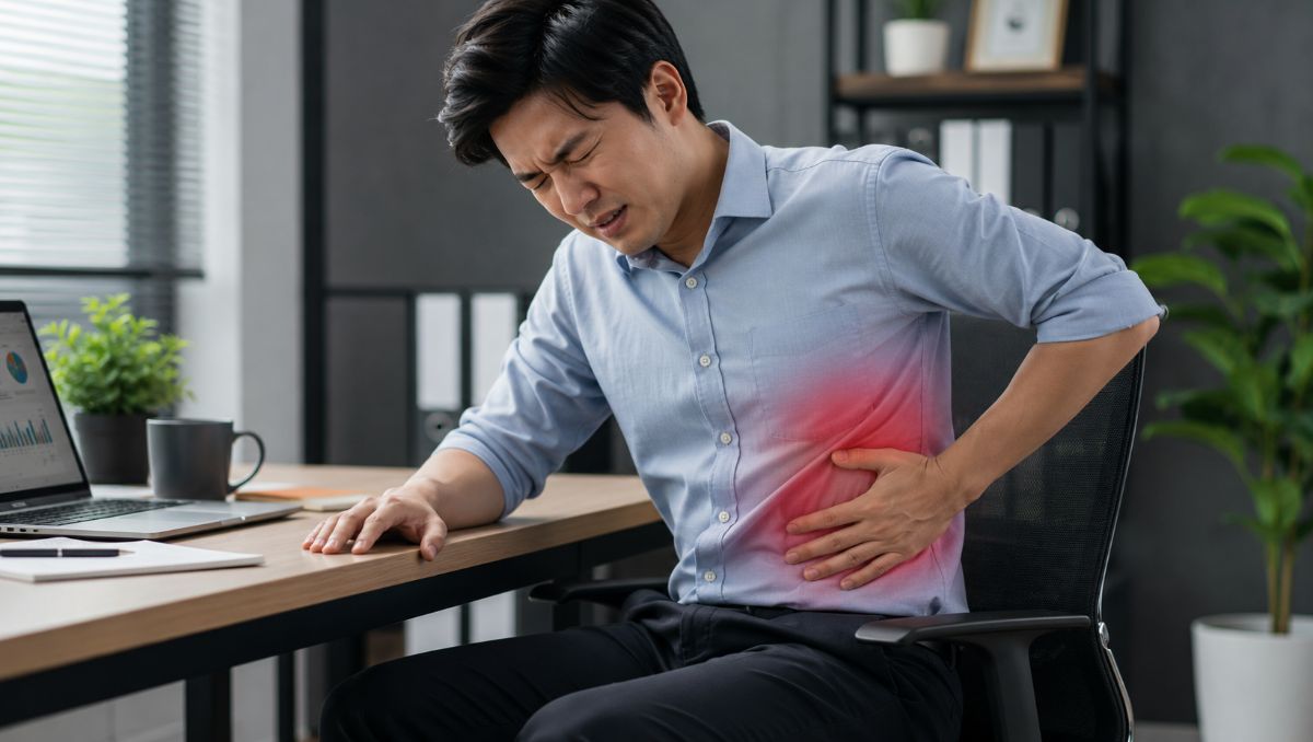 Man having rib pain while sitting on a desk