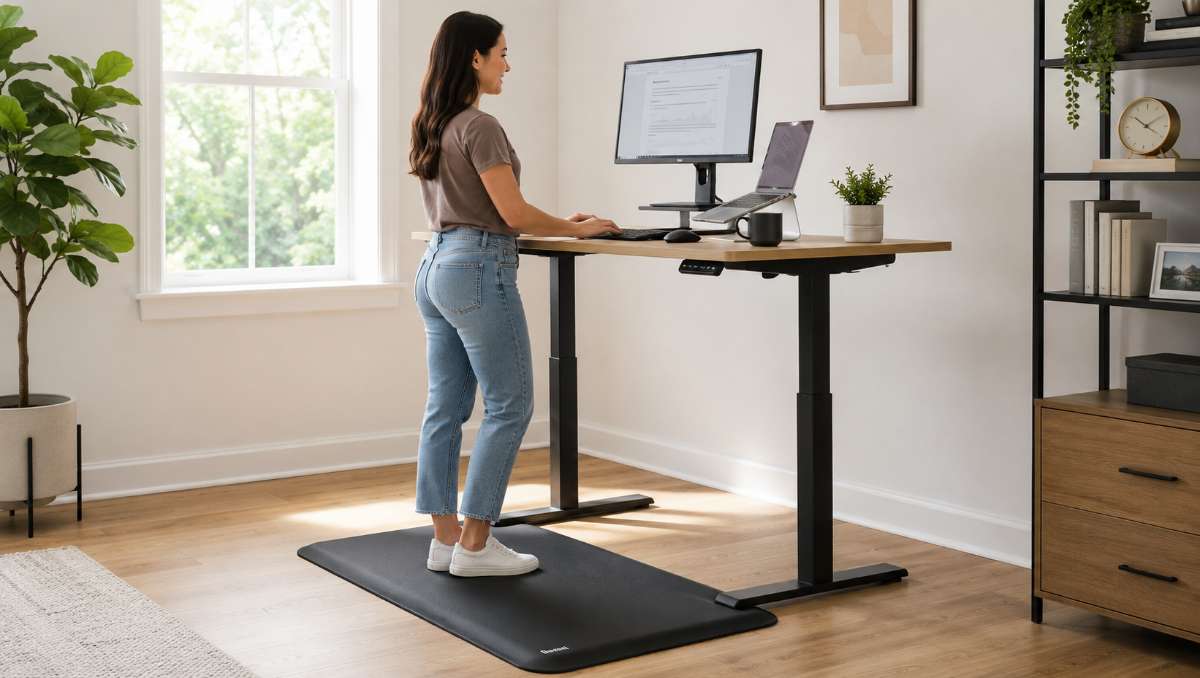 Woman working on a standing desk mat